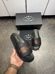 Prada Logo Leather Slides Brown Strap Premium