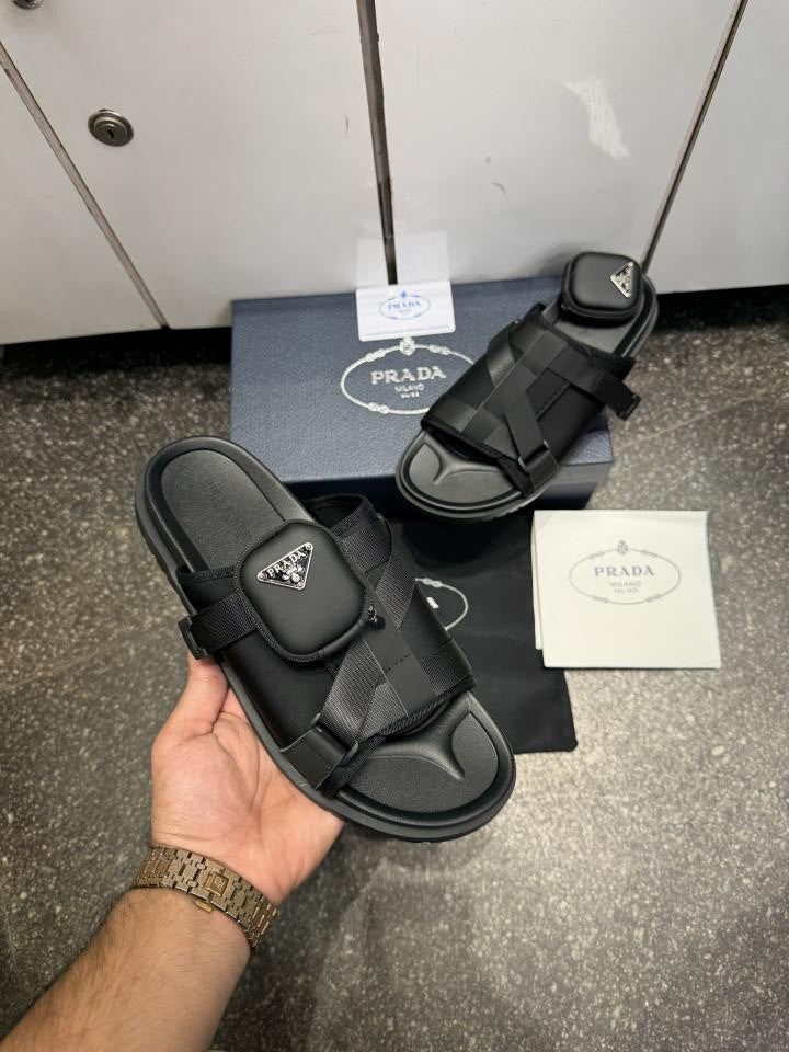 Prada Pouch Logo Leather Slides Black Premium