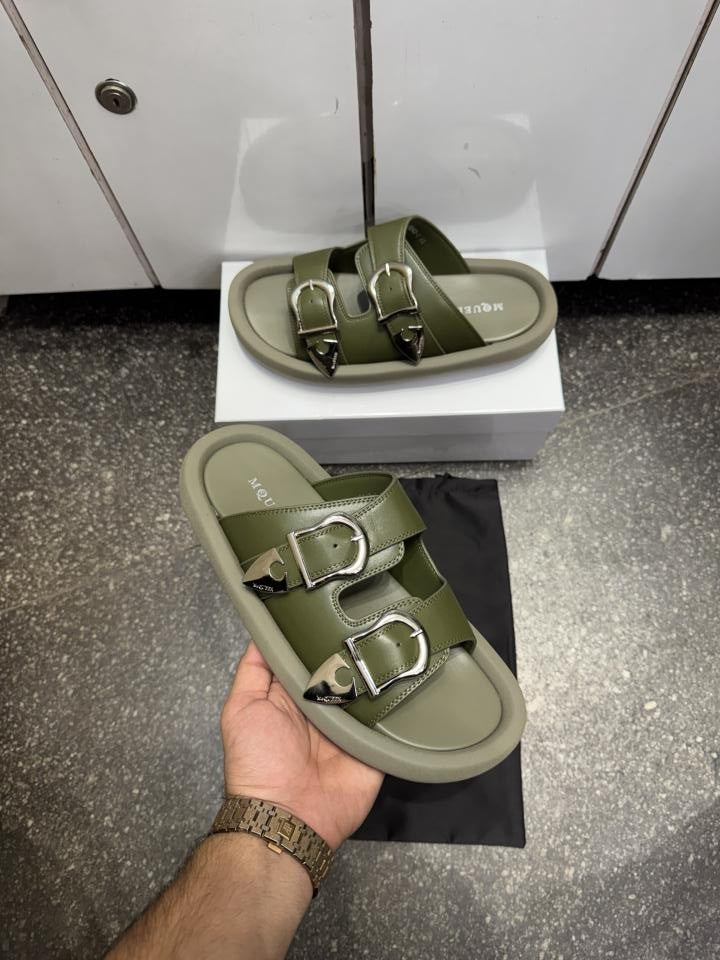 Alexander McQueen Leather Double Buckle Sandals Slide Olive Premium