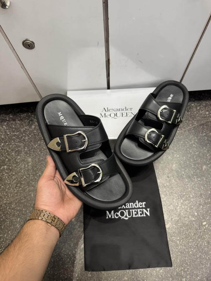 Alexander McQueen Leather Double Buckle Sandals Slide Black Premium