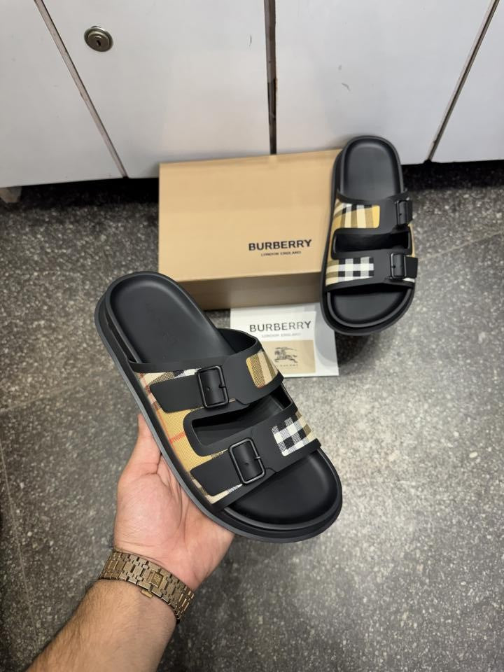 Burberry Checkered Double Strap Sandals Slides Premium Black