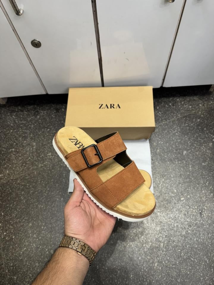 Zara Strap Suede Leather Premium Sandals Slides Brown