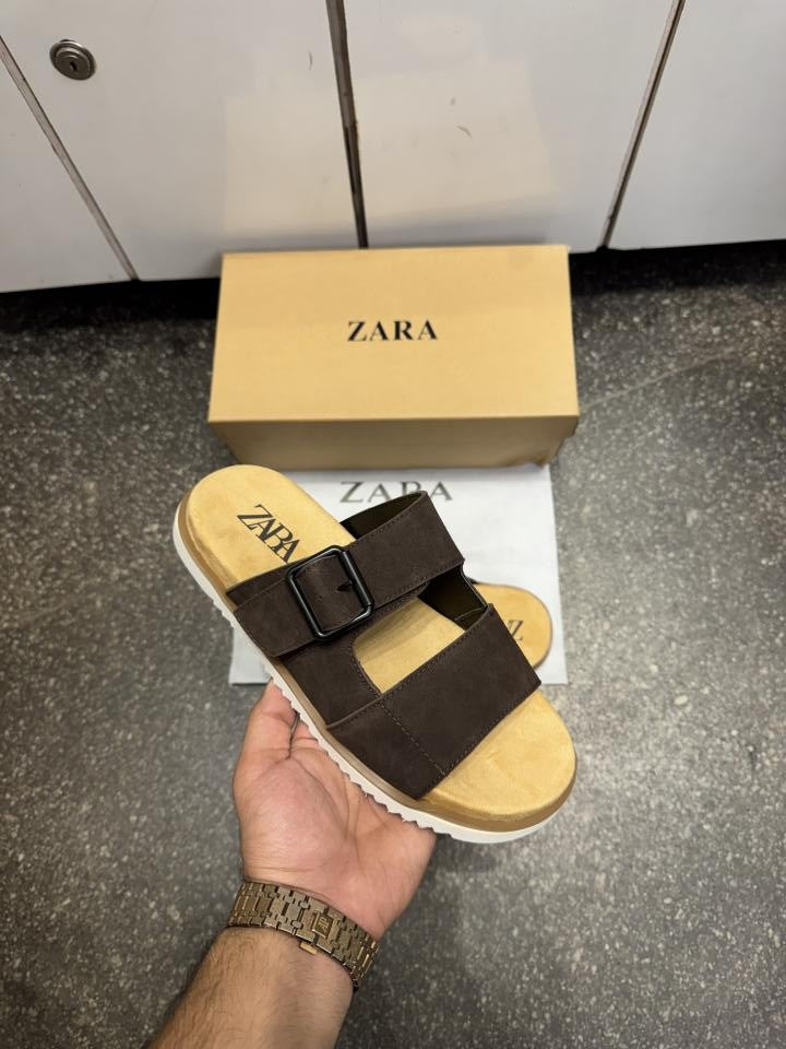 Zara Strap Suede Leather Premium Sandals Slides dark Brown