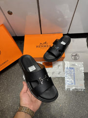 Hermes Chypre Calfskin Leather Sandals Slides black Premium