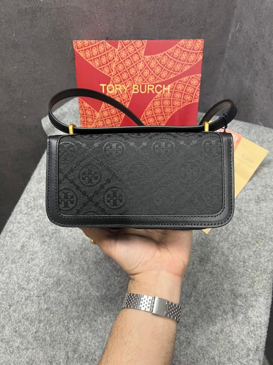 Tory Burch Eleanor T Monogram Small Convertible Shoulder Bag Black Jacquard With OG Box & Dust Cover 861568