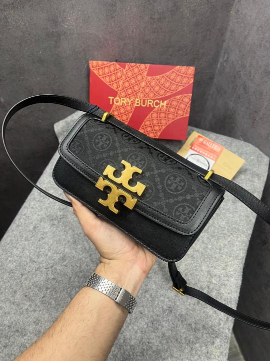 Tory Burch Eleanor T Monogram Small Convertible Shoulder Bag Black Jacquard With OG Box & Dust Cover 861568