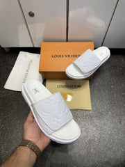 Louis Vuitton LV Leather Miami Mules Wide Front Strap Logo Premium Slides
