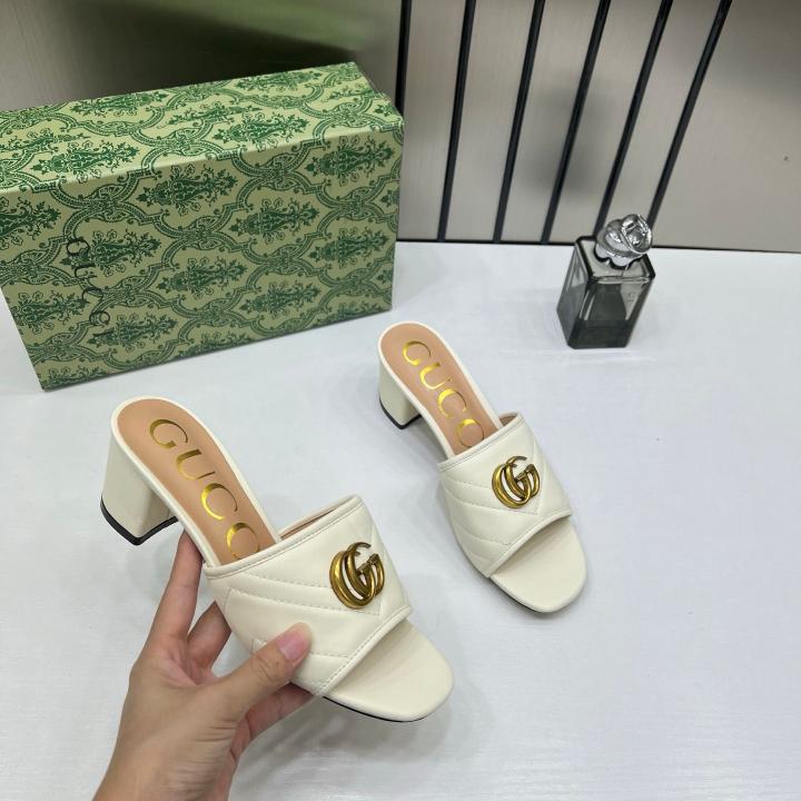 Gucci GG Marmont White Mules Sandal Heel For Women With OG  Box And Carry Bag 2189 G White