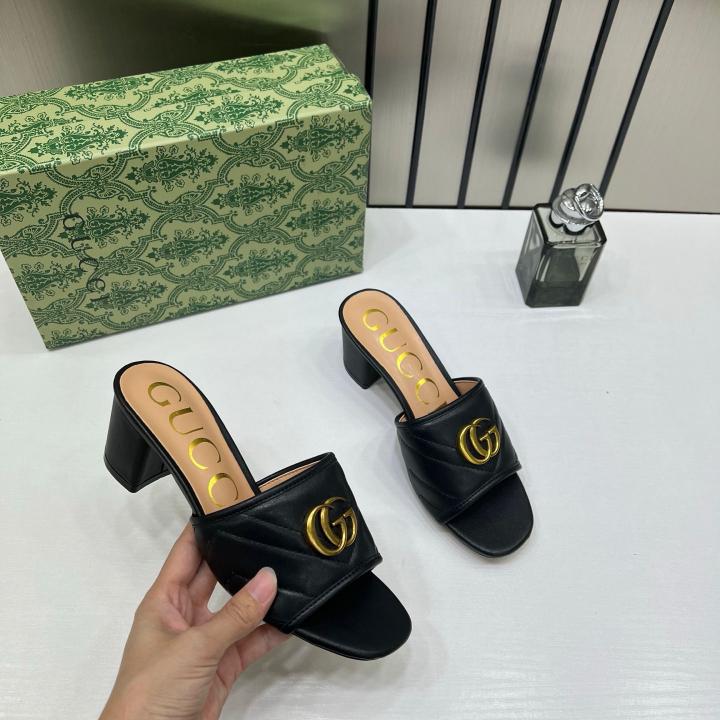 Gucci GG Marmont Black Mules Sandal Heel For Women With OG Box And Carry Bag 2189 G Black