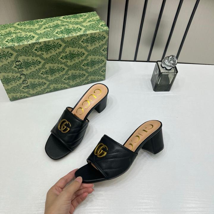 Gucci GG Marmont Black Mules Sandal Heel For Women With OG Box And Carry Bag 2189 G Black