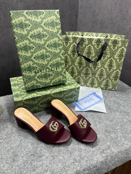 Gucci Womens Leather Mid Heel Mules With OG Box & Dust Bag Wine 8190 6A