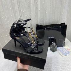 YSL Saint Laurent Paris Gold Patent Leather Monogram Cassandra Sandals Heel With OG Box Dust Bag & Carry Bag
