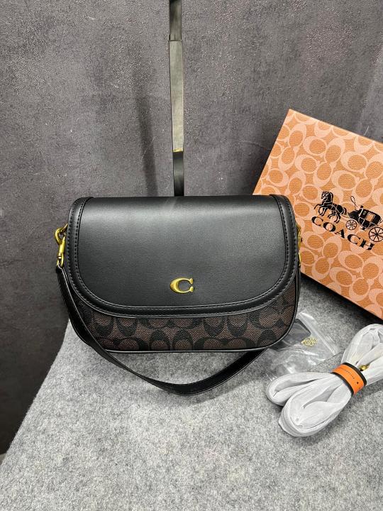 Coach Crossbody Bag Signature Canvas Coach Monogrammed Flap Bag With OG Box & Dust Cover Carry Bag Coffee Brown C803