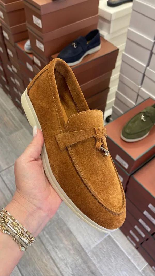 Loro Piana Summer Charms Walk loafers in caramel brown suede.