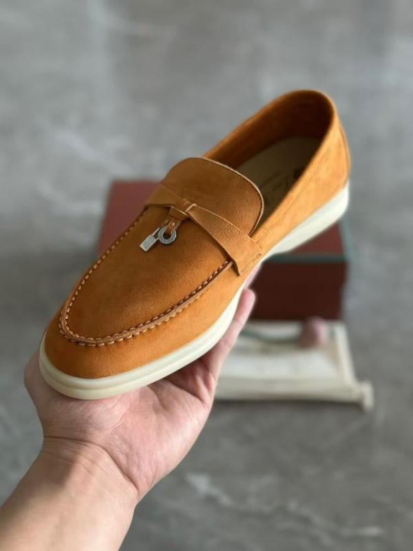 Loro Piana Summer Charms Walk loafers in caramel brown suede.