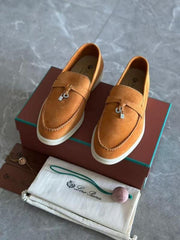 Loro Piana Summer Charms Walk loafers in caramel brown suede.