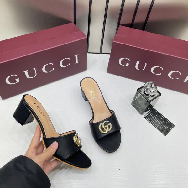 Gucci Womens Leather Mid Heel Mules With OG Box & Dust Bag Black 8190 6A