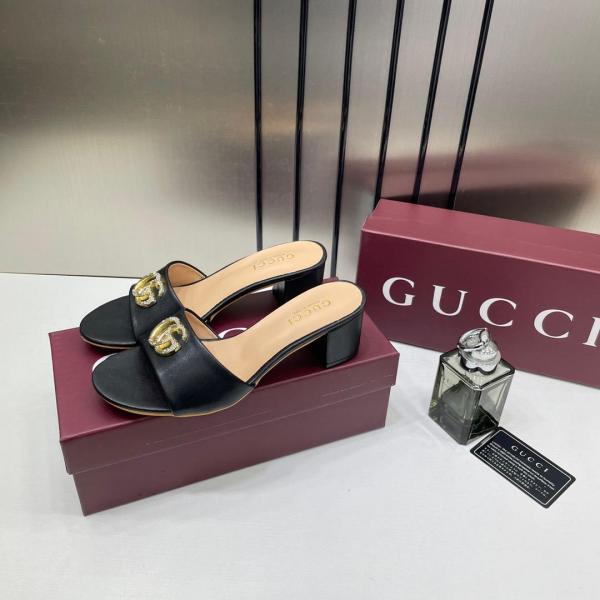 Gucci Womens Leather Mid Heel Mules With OG Box & Dust Bag Black 8190 6A