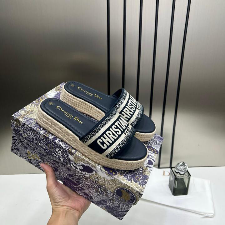 Christian Dior Dway Platform Slide Sandals Blue Embroidered Signature Strap With OG Carry Bag 3369 Blue