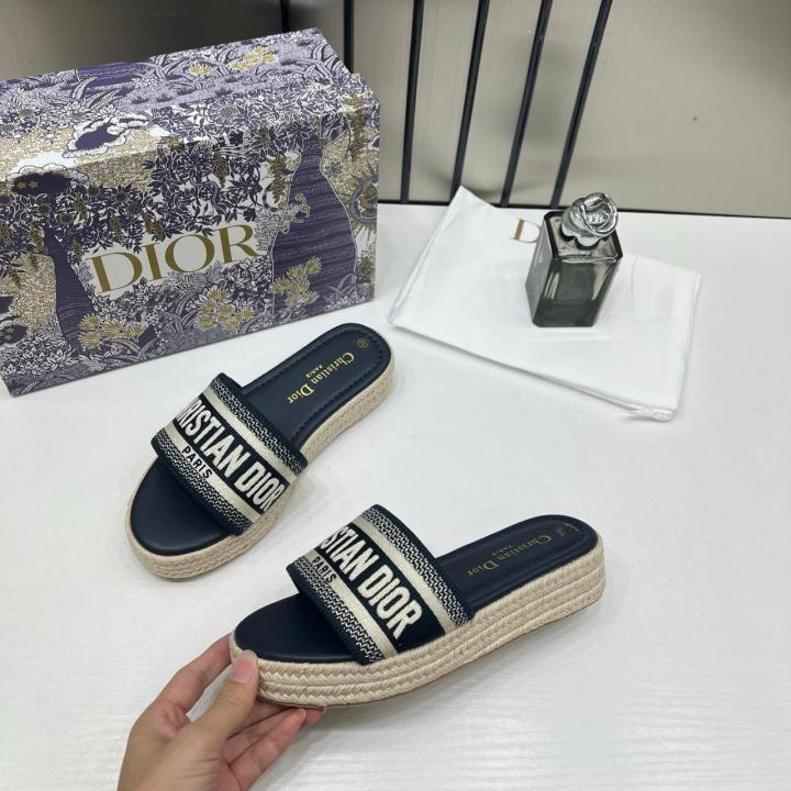 Christian Dior Dway Platform Slide Sandals Blue Embroidered Signature Strap With OG Carry Bag 3369 Blue