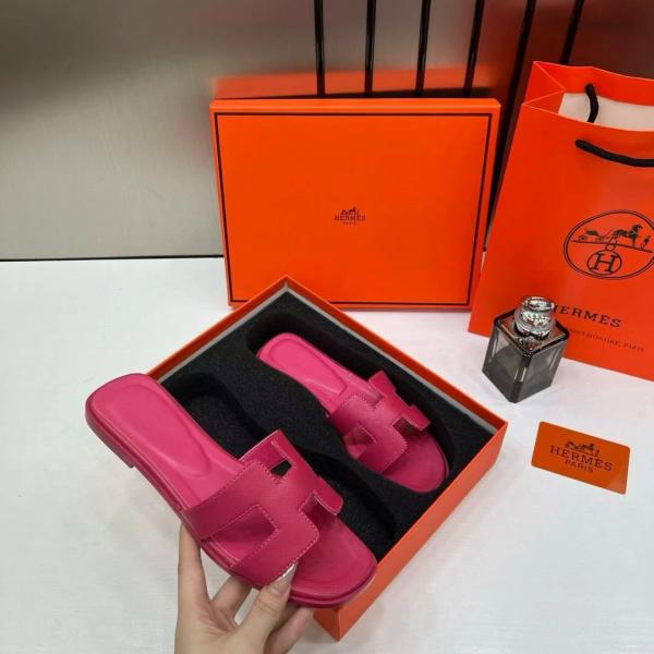 Hermes Paris Oran Flats For Her With OG Box & Carry Bag Rose Red Slide H38 Rose Red