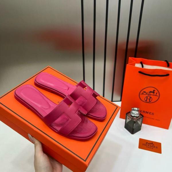 Hermes Paris Oran Flats For Her With OG Box & Carry Bag Rose Red Slide H38 Rose Red