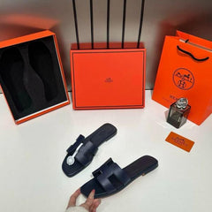 Hermes Paris Oran Flats For Her With OG Box & Carry Bag Dark Blue Slide H38 Dark Blue