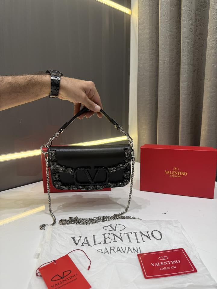 VALENTINO GARAVANI BLACK CRYSTAL EMBELLISHMENT LOCO SMALL SHOUDER BAG WITH OG BOX
