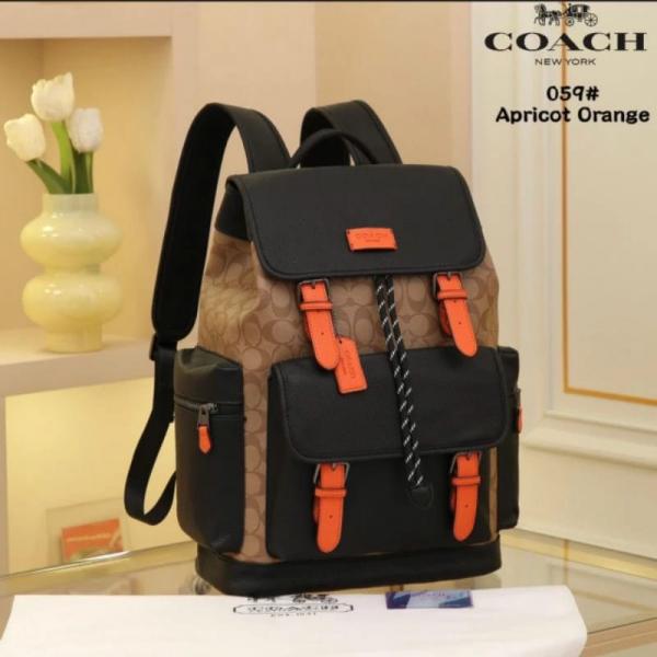 Coach Unisex Rivington Backpack Apricot  lack Orange Sprint Leather With Dust Bag 059 Apricot Black Orange