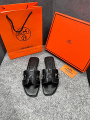 Hermes Paris Oran Flats For Her With OG Box & Carry Bag Black Slide H38 Black