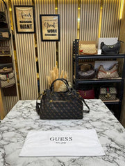 Guess Emera Logo Satchel Monogram Hand Bag With Dust Bag (Coffee)