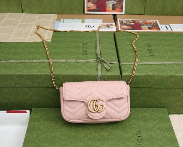 Gucci GG Marmont Mini Matelasse Shoulder Bag With OG Box & Dust Bag (Pink-908)