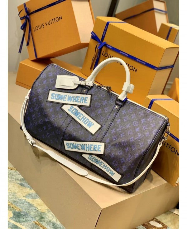 Louis Vuitton LV M58979 Keepall Bandoulire Some Where Some How Premium Monogram Unisex Duffle Bag With Dust Bag & Accessories (Orchid-682)