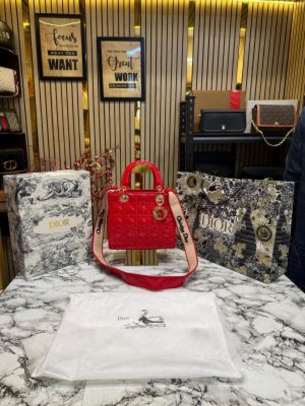 Christian Dior Lady Bag Glossy With Box And Dust Bag Including Carry Bag (8851 Red)