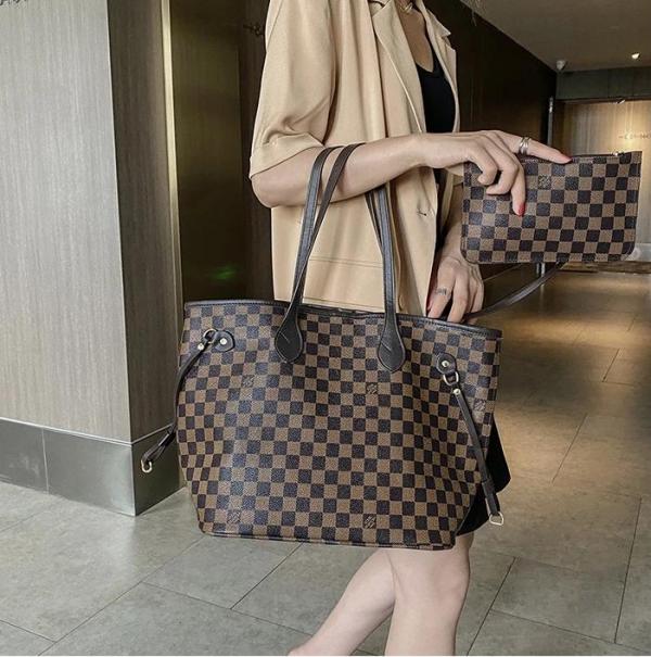 Louis Vuitton Neverfull MM Tote Bag With Pouch Monogram Eclipse Pattern Brown Grid With Dust Cover N40156