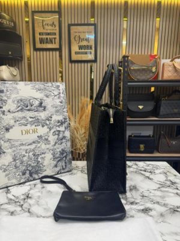 Christian Dior Book Tote  With Matching Wallet Embossed Calfskin With Box And Dust Bag (Black)