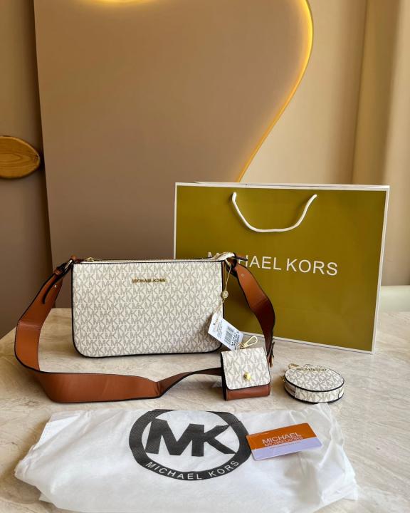 Michael Kors MK Jet Set Crossbody With Tech Accessories Coin Pouch & Ear Pod With Dust Bag (Beige-Brown-M7021)