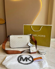 Michael Kors MK Jet Set Crossbody With Tech Accessories Coin Pouch & Ear Pod With Dust Bag (Beige-Brown-M7021)