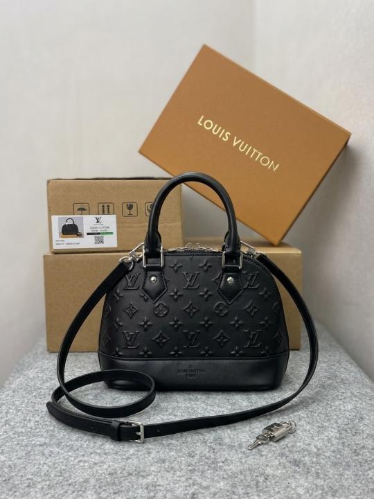 Louis Vuitton Alma BB Handbag Black Leather All-Over Embossed With OG Double Box Dust Cover Black 22783 Shell Black