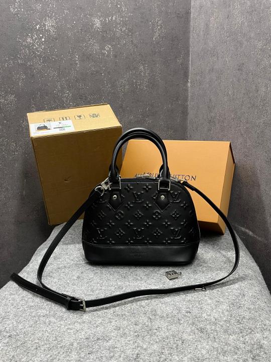 Louis Vuitton Alma BB Handbag Black Leather All-Over Embossed With OG Double Box Dust Cover Black 22783 Shell Black