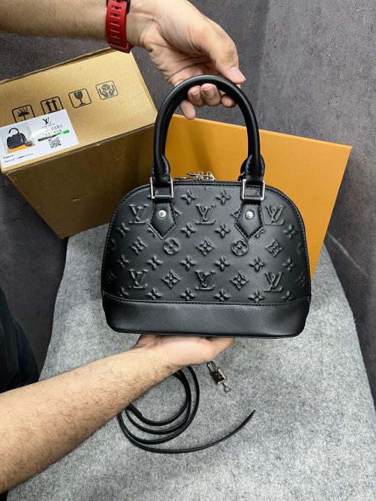 Louis Vuitton Alma BB Handbag Black Leather All-Over Embossed With OG Double Box Dust Cover Black 22783 Shell Black