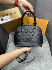 Louis Vuitton Alma BB Handbag Black Leather All-Over Embossed With OG Double Box Dust Cover Black 22783 Shell Black