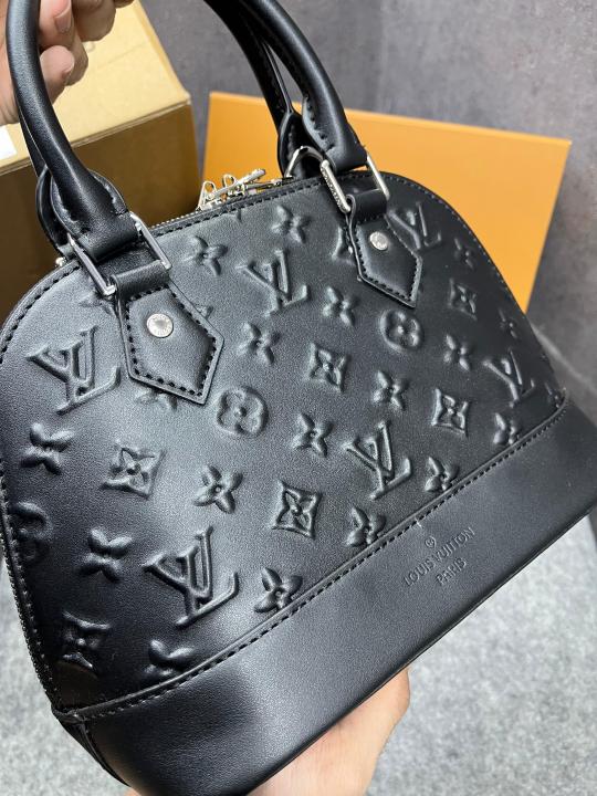 Louis Vuitton Alma BB Handbag Black Leather All-Over Embossed With OG Double Box Dust Cover Black 22783 Shell Black