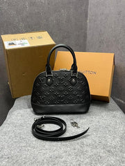 Louis Vuitton Alma BB Handbag Black Leather All-Over Embossed With OG Double Box Dust Cover Black 22783 Shell Black