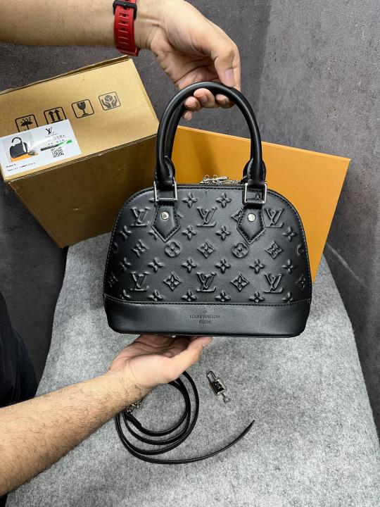 Louis Vuitton Alma BB Handbag Black Leather All-Over Embossed With OG Double Box Dust Cover Black 22783 Shell Black