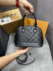 Louis Vuitton Alma BB Handbag Black Leather All-Over Embossed With OG Double Box Dust Cover Black 22783 Shell Black