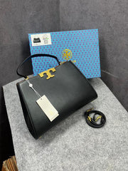 Tory Burch Eleanor leather Satchel Bag Signature Gold-Tons Double T hardware Plaque With OG Box Dust & Cover