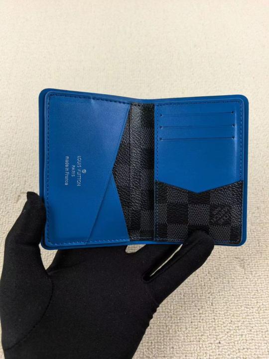 Louis Vuitton Pocket Organizer Wallet Damier Graphite Canvas Blue Leather Lining And Multiple Card Slots Black Square Sky Blue N64502 Blue