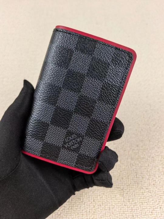 Louis Vuitton Pocket Organizer Wallet Damier Graphite Canvas Red Leather Lining And Multiple Card Slots Black Square Bright Red N64502 Red
