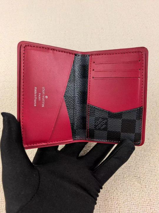 Louis Vuitton Pocket Organizer Wallet Damier Graphite Canvas Red Leather Lining And Multiple Card Slots Black Square Bright Red N64502 Red